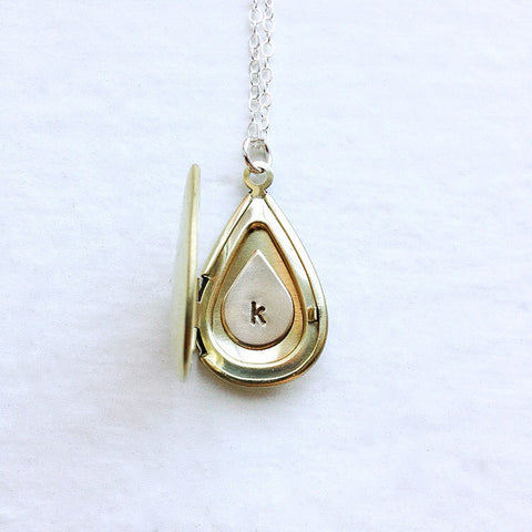 Personalized Initial Locket With Personalized Brass Teadrop Inside